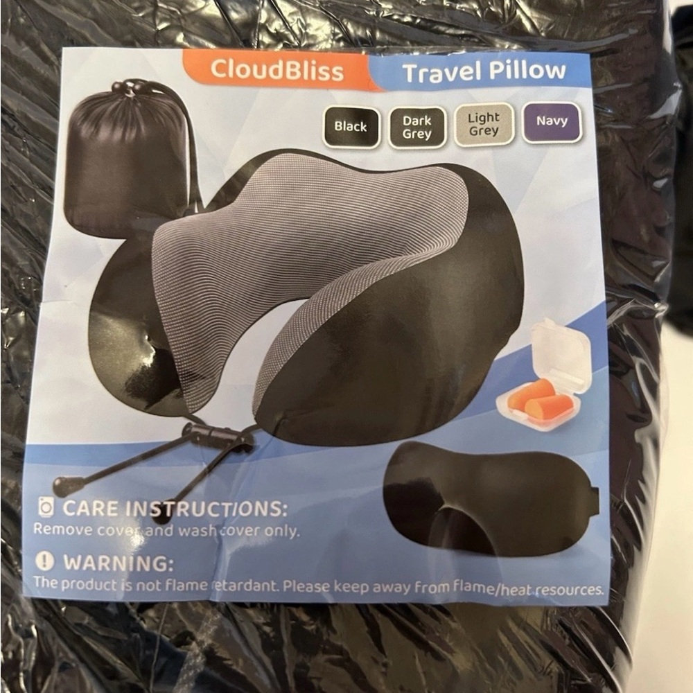 CloudBliss Black & Gray Travel Pillow New in Package